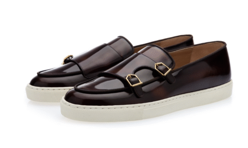 TANGERINE 7 BRUSHED COCOA SKATE POLISHED LEATHER DOUBLE-MONK SLIP-ON SNEAKERS