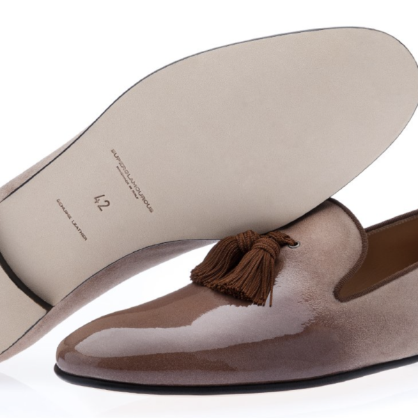 LOUIS SHINE TAUPE SLIPPERS SUEDE SLIPPERS WITH SILK TASSELS